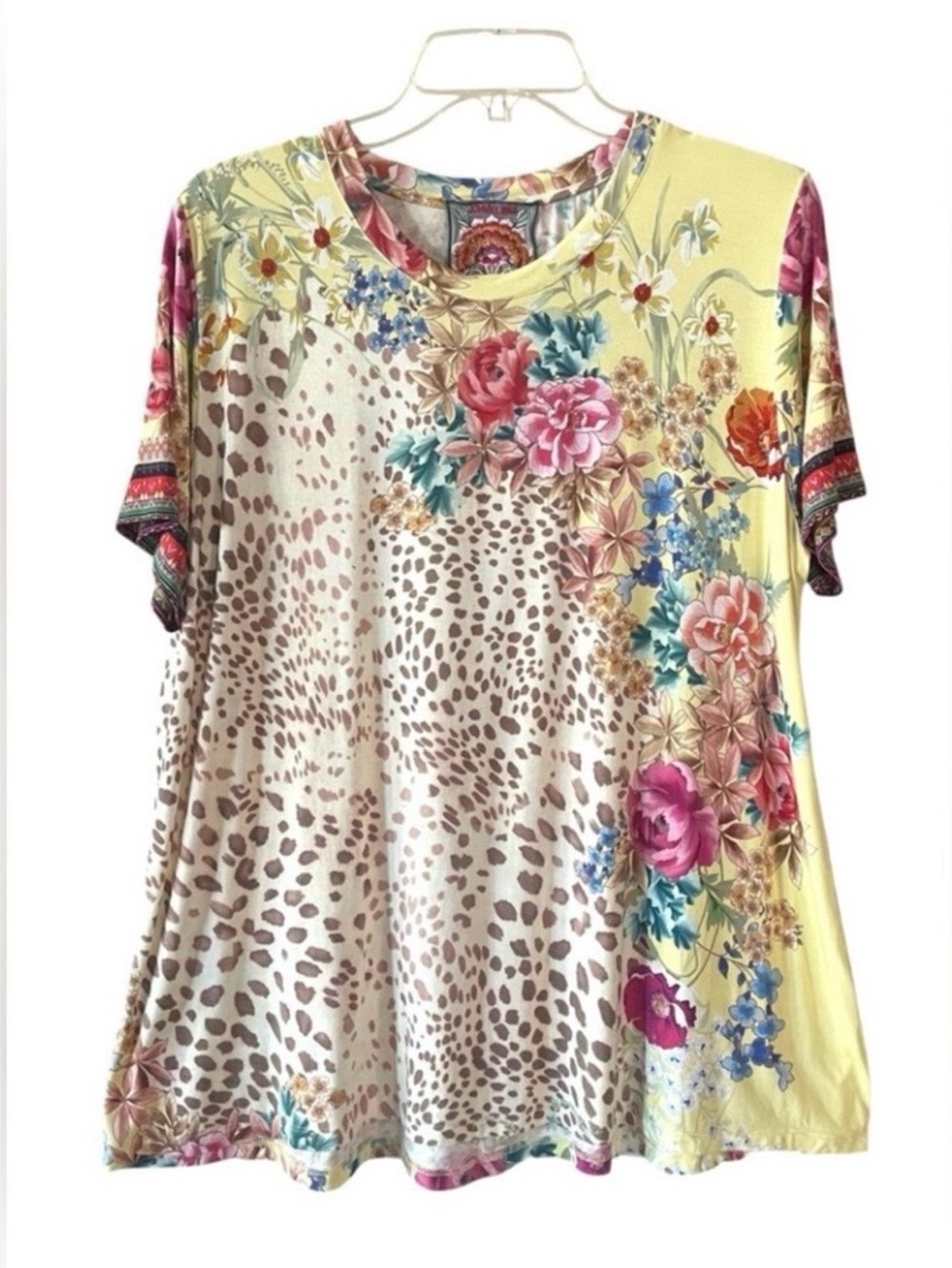 Johnny Was Yellow Floral & Leopard Short Sleeve Tee